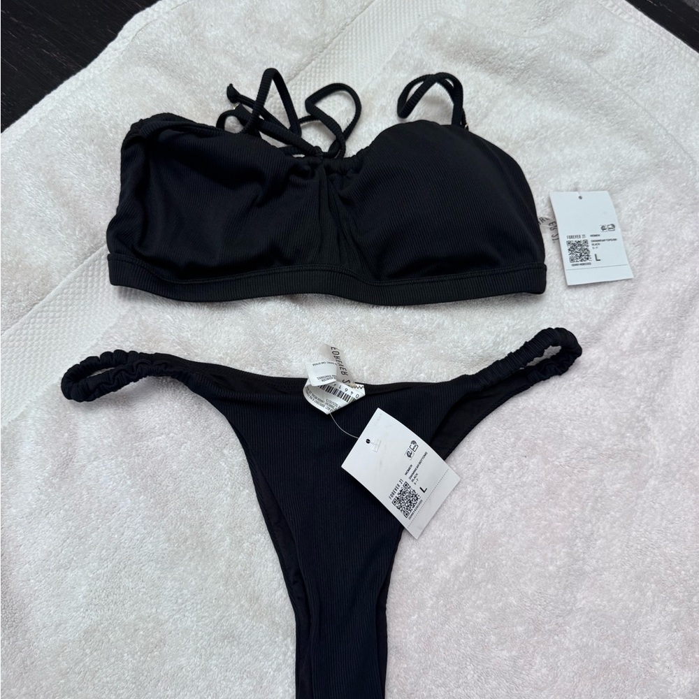 Forever 21 Black Ribbed Two-Piece Bikini Set